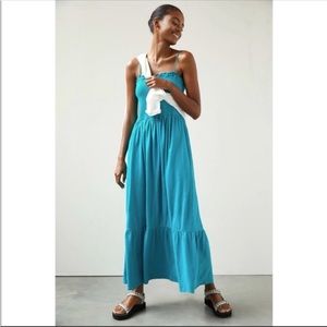 ANTHROPOLOGIE Smocked Bodice Maxi Dress Flounced Lounge Pullover Teal S NWT